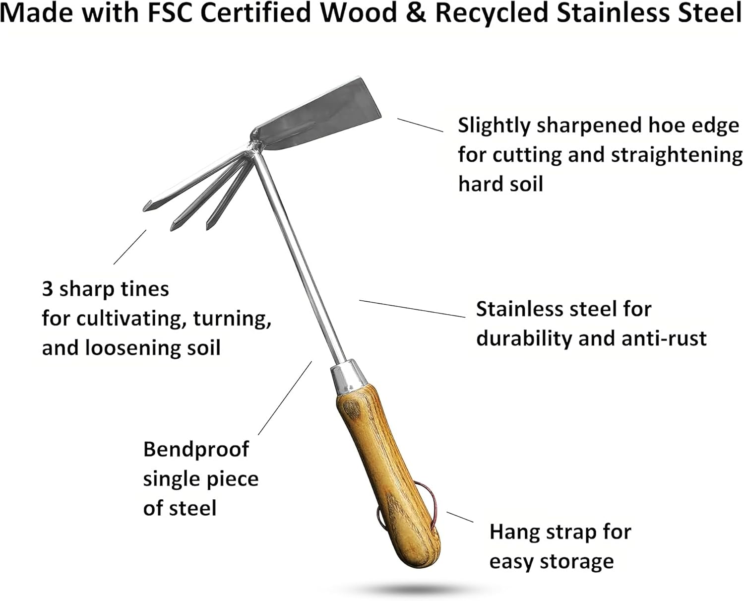 Stainless Steel Garden Cultivator Hoe (classic wood handle)-3