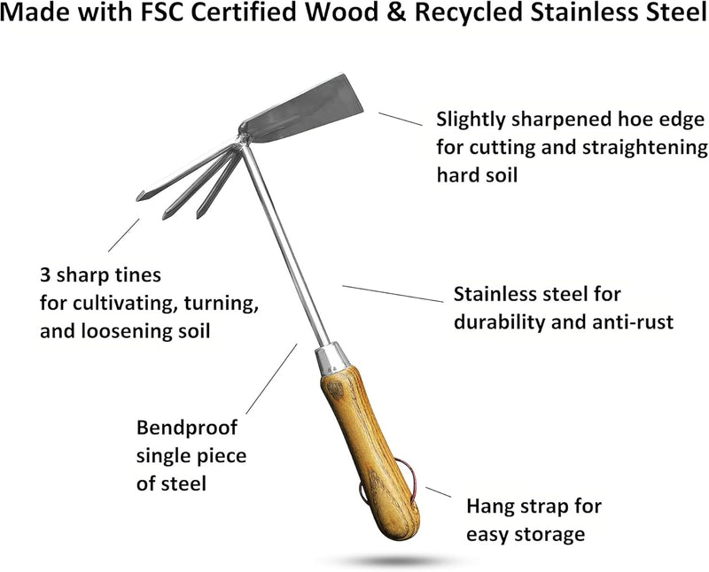 Stainless Steel Garden Cultivator Hoe (classic wood handle)-3