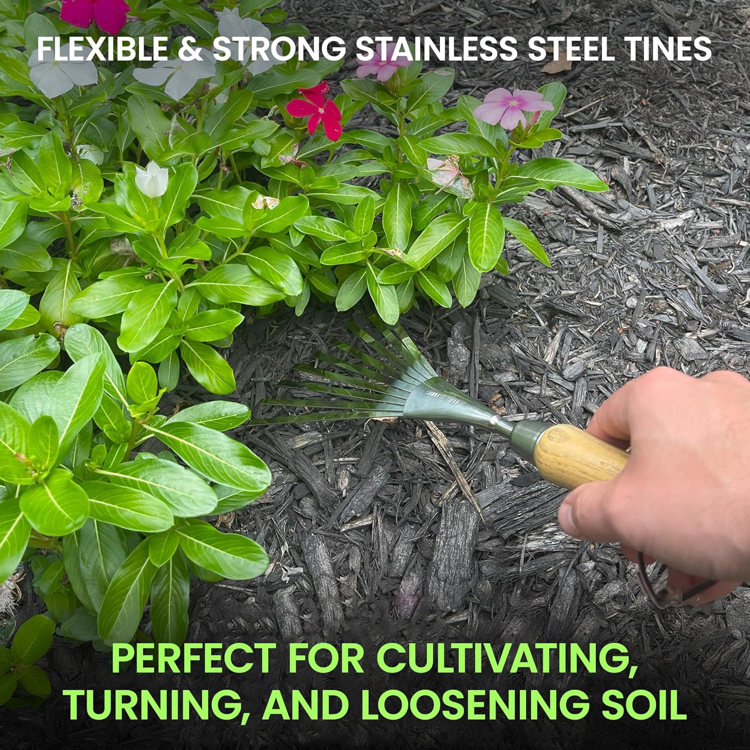 Stainless Steel Garden Hand Rake (classic wood handle)