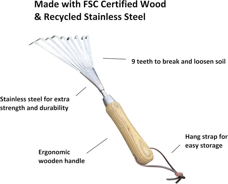 Stainless Steel Garden Hand Rake (classic wood handle)-3