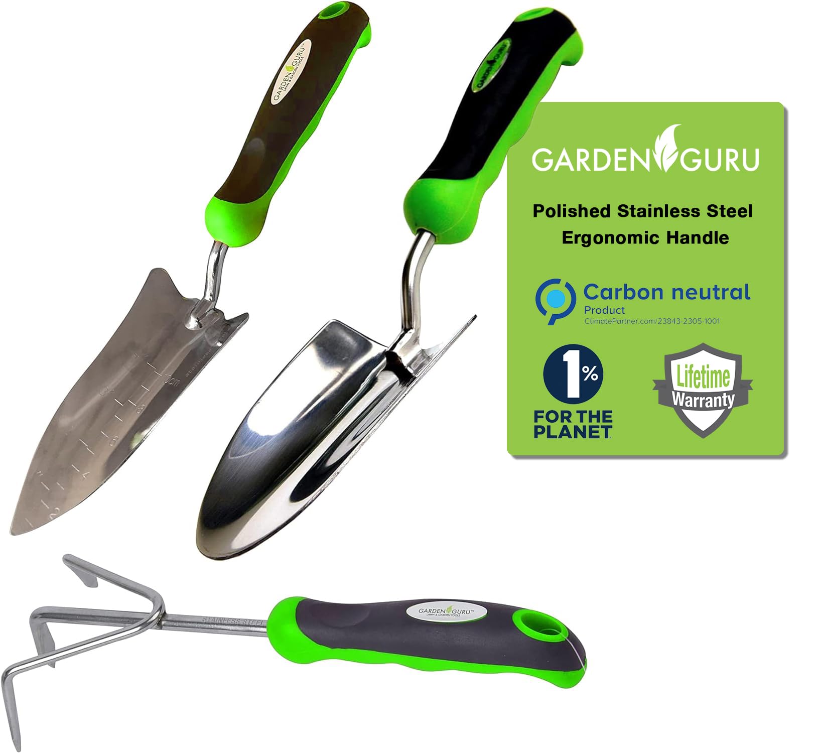 Stainless Steel 3pc Gardening Tool Set (Includes Trowel Transplanter Cultivator)-1