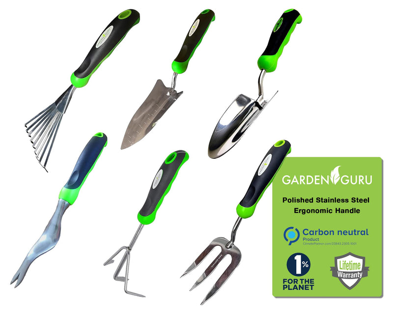 Stainless Steel 6pc Gardening Tool Set (Includes Trowel Transplanter Rake Weeder Cultivator Fork)-1
