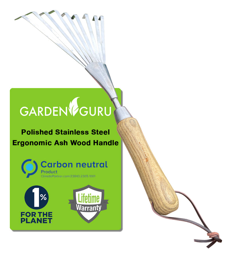 Stainless Steel Garden Hand Rake (classic wood handle)-2