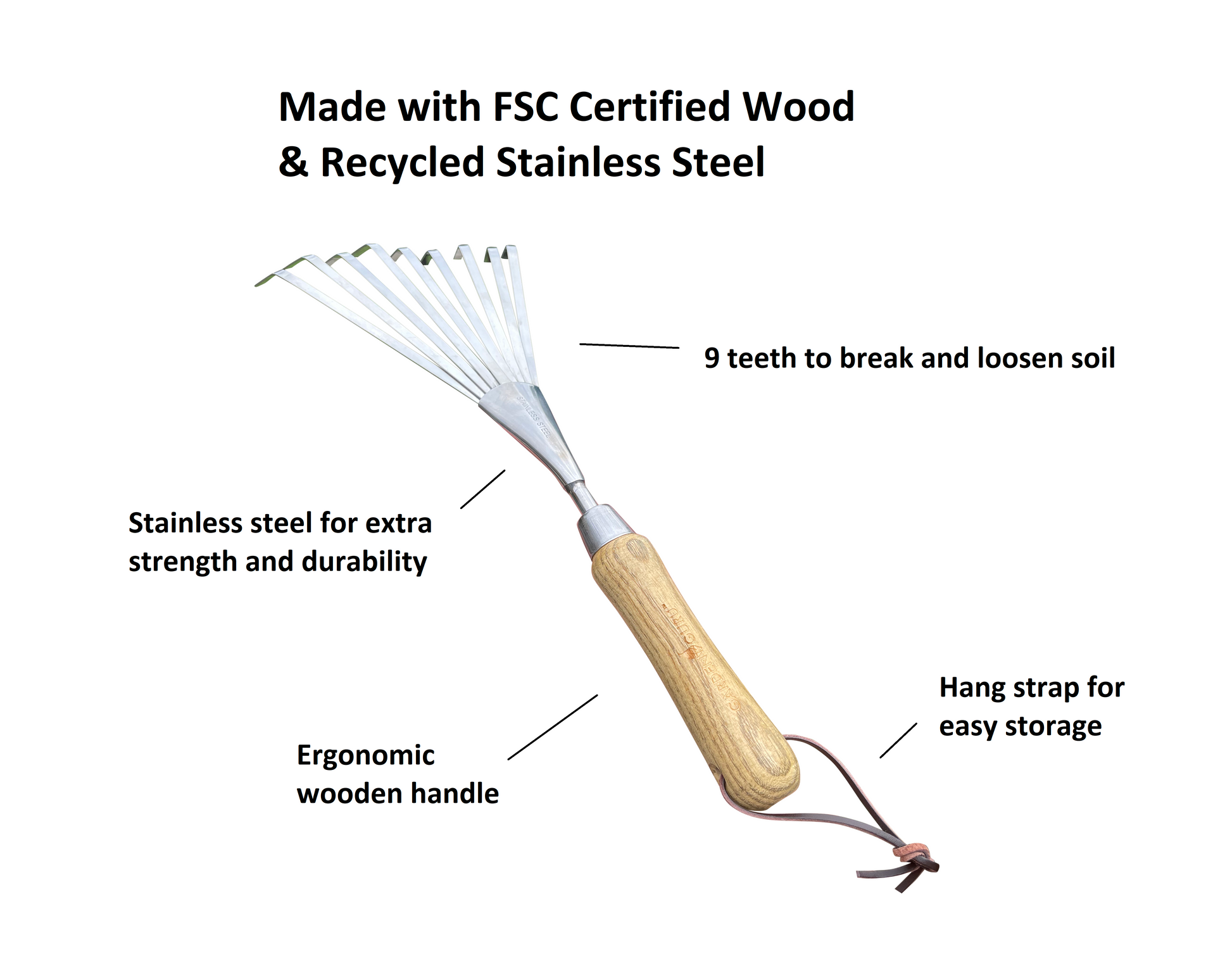 Stainless Steel Garden Hand Rake (classic wood handle)-5