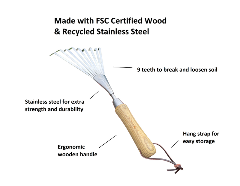 Stainless Steel Garden Hand Rake (classic wood handle)-5